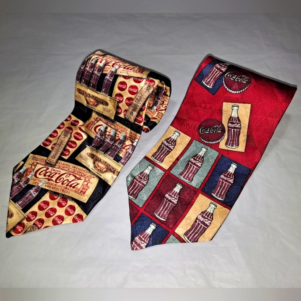 "Lot of 2" Vintage Coca-Cola Men's 💯 Silk Neckties Red/Tan 55-57" x 3.75" 🇺🇸